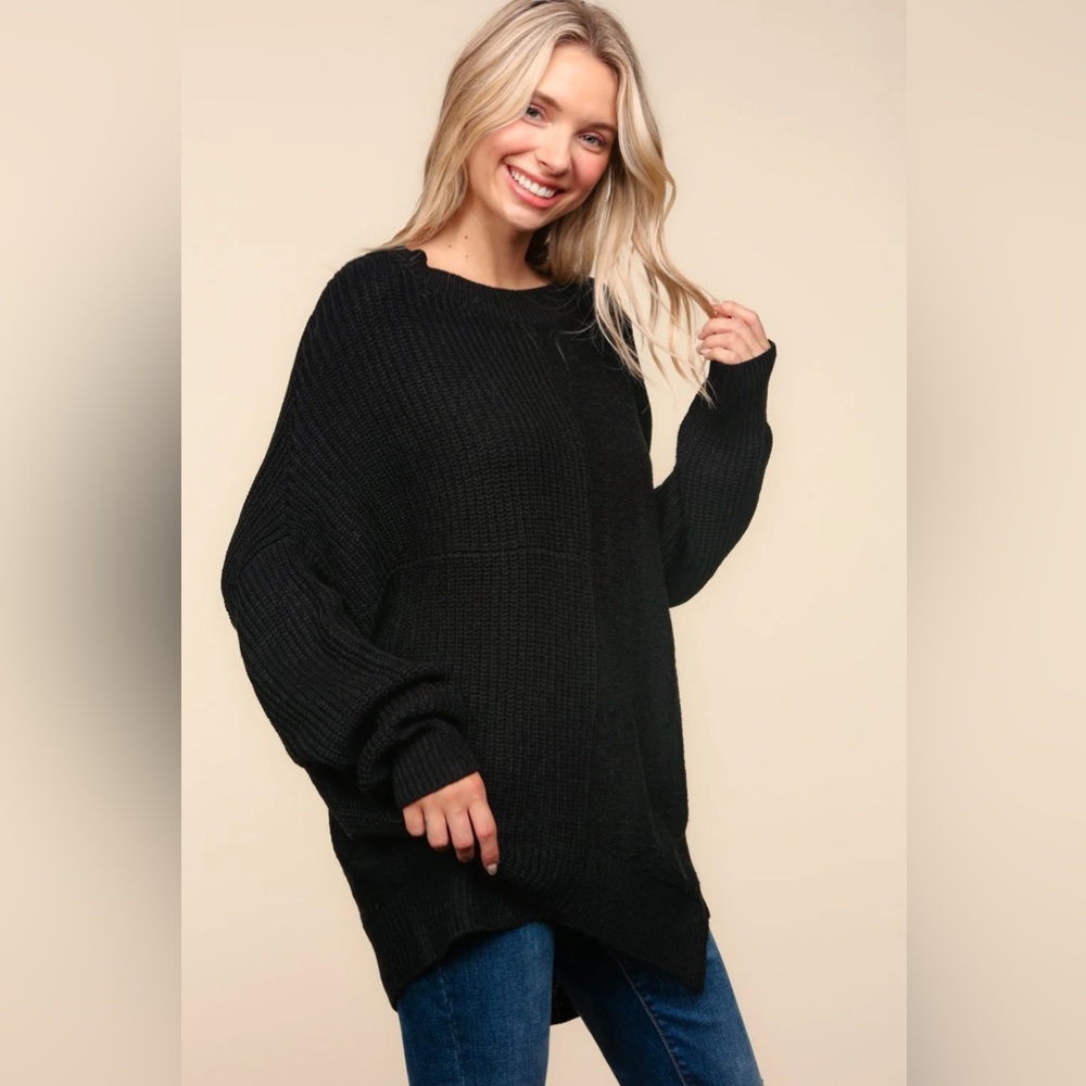 Haptics BLACK SOLID PATTERNED ASYMMETRIC SWEATER KNIT TOP